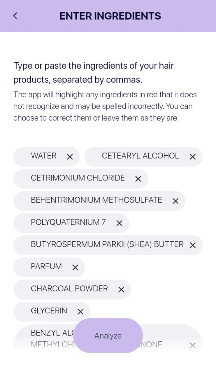 Bönpello App: Adding hair product ingredients. User manually entering ingredients list for analysis.
