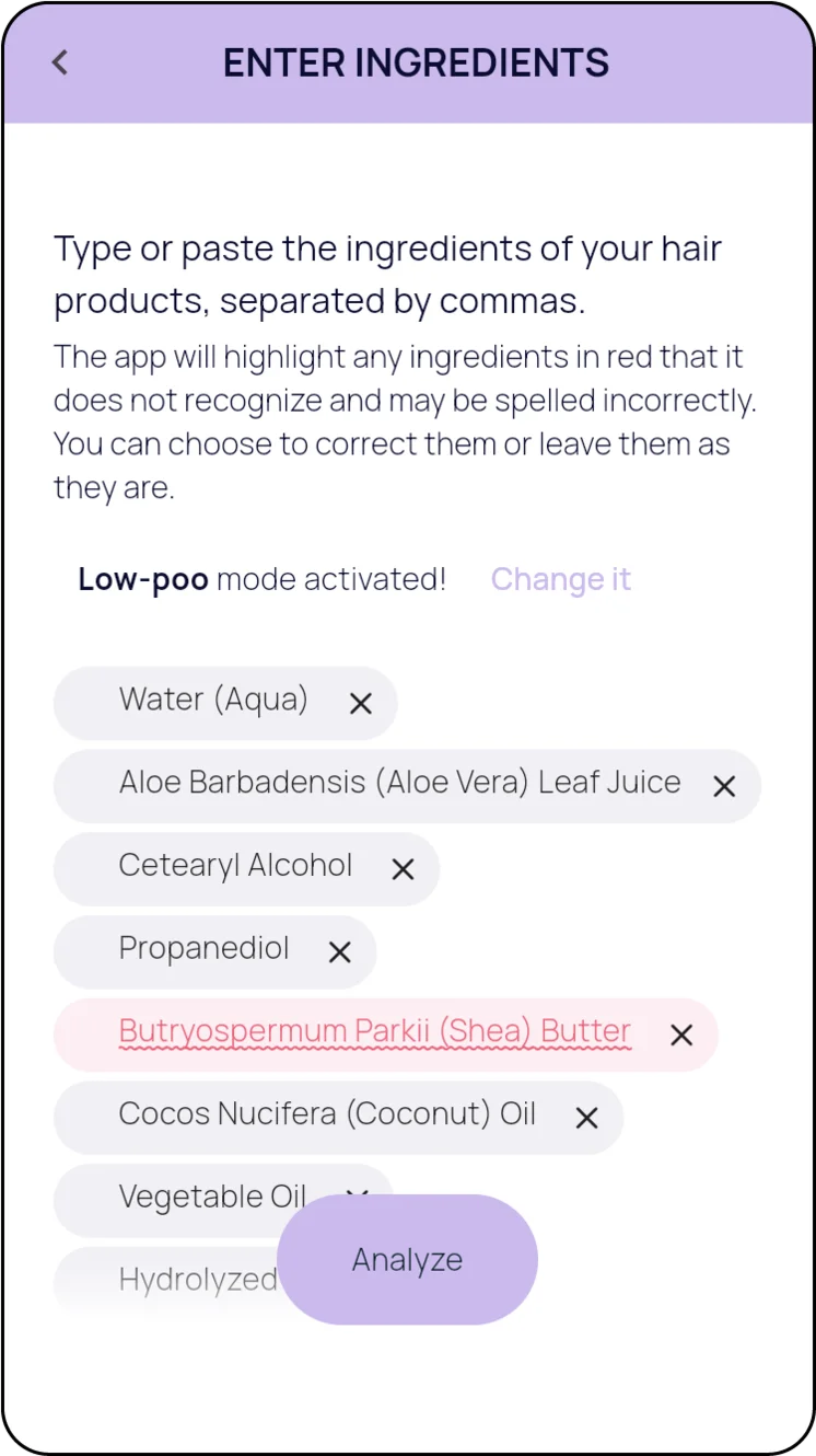 App Bönpello: Aggiunta ingredienti prodotto per capelli. L'utente inserisce manualmente la lista degli ingredienti per l'analisi.