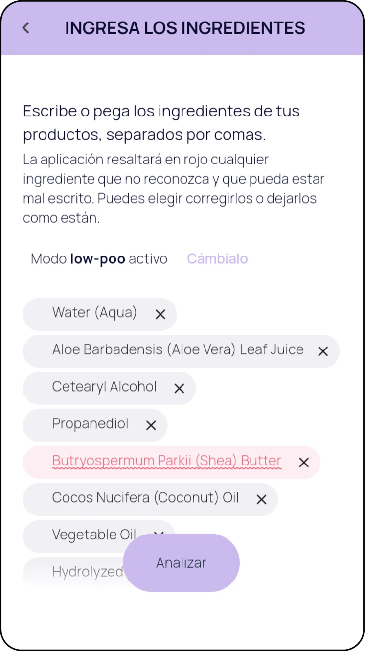 Aplicación Bönpello: Agregando ingredientes del producto para el cabello. El usuario ingresa manualmente la lista de ingredientes para su análisis.